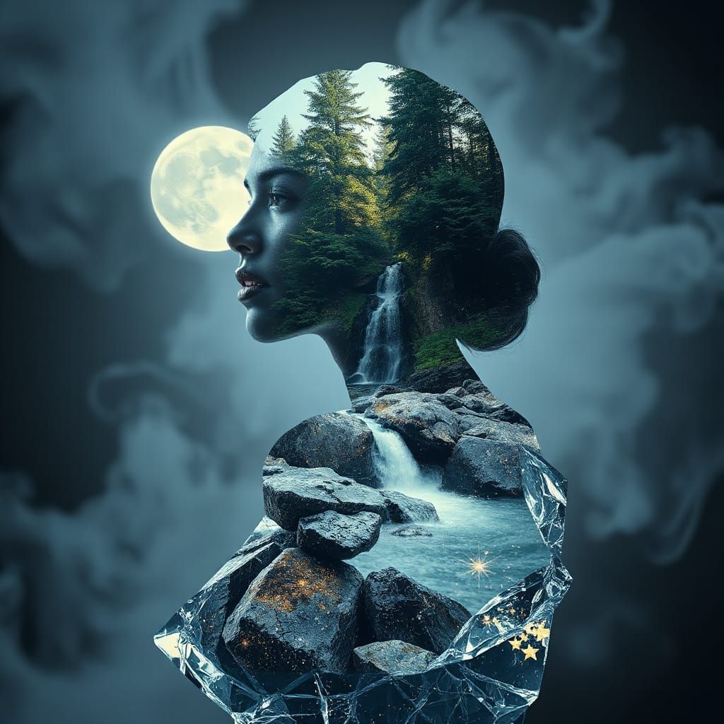 Ice Woman Double Exposure with Forest Interior