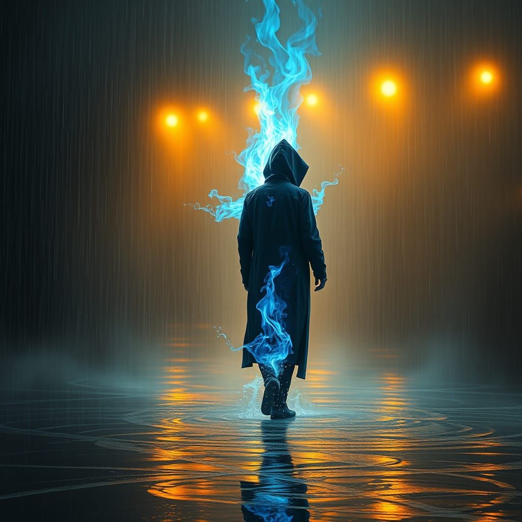 Mystical Figure Walks Through Rain with Blue Flames
