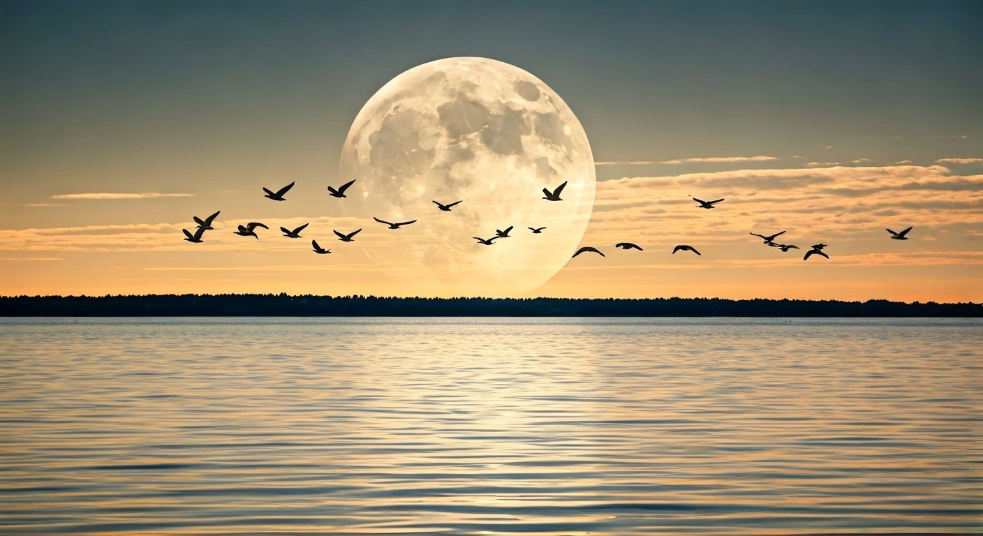Birds Soaring Over Moonlit Lake Photograph