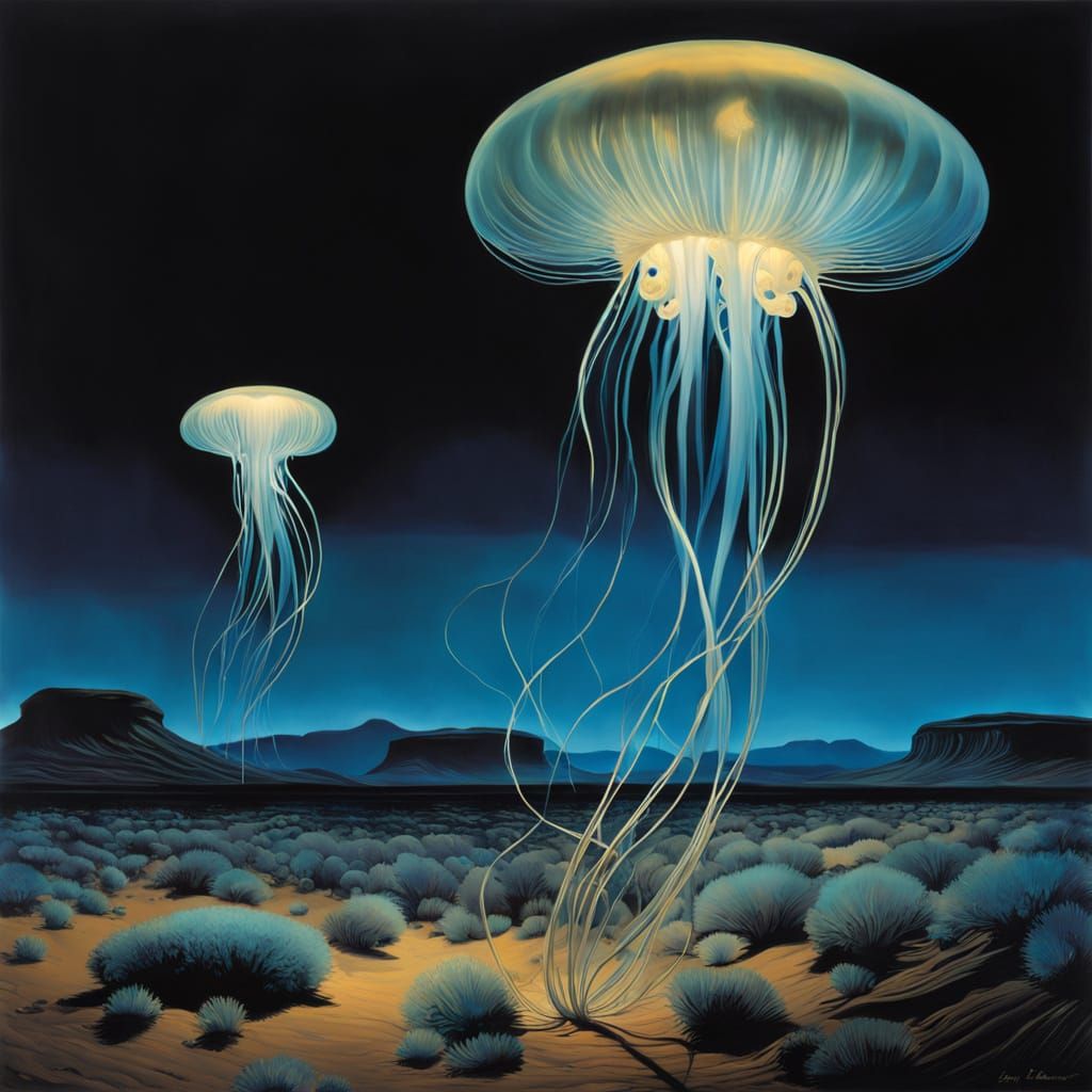 Surreal Bioluminescent Jellyfish in Moonlit Desert Landscape