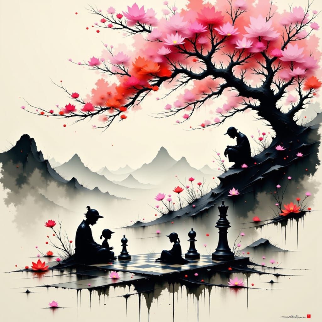 Japanese Ink Splash Chess Game Under Sakura