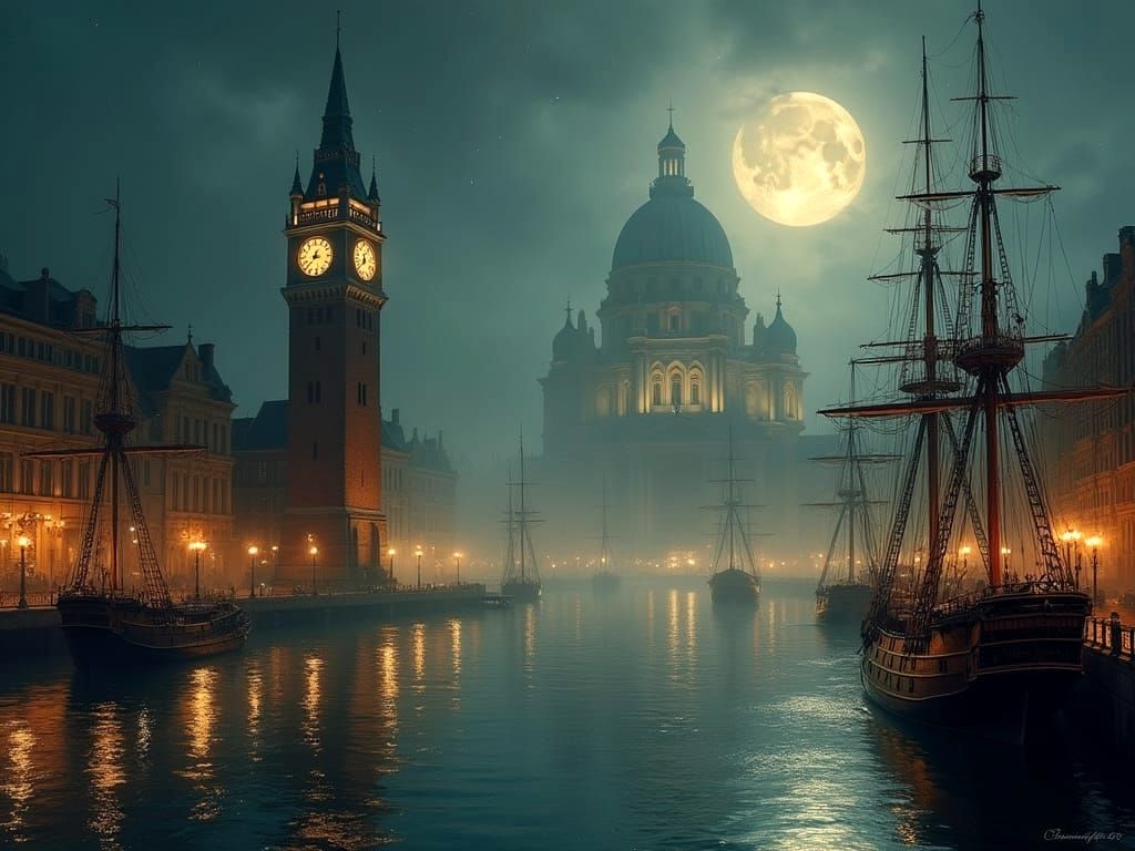 A Victorian Harbor City Under Starry Skies in Exquisite Oil ...
