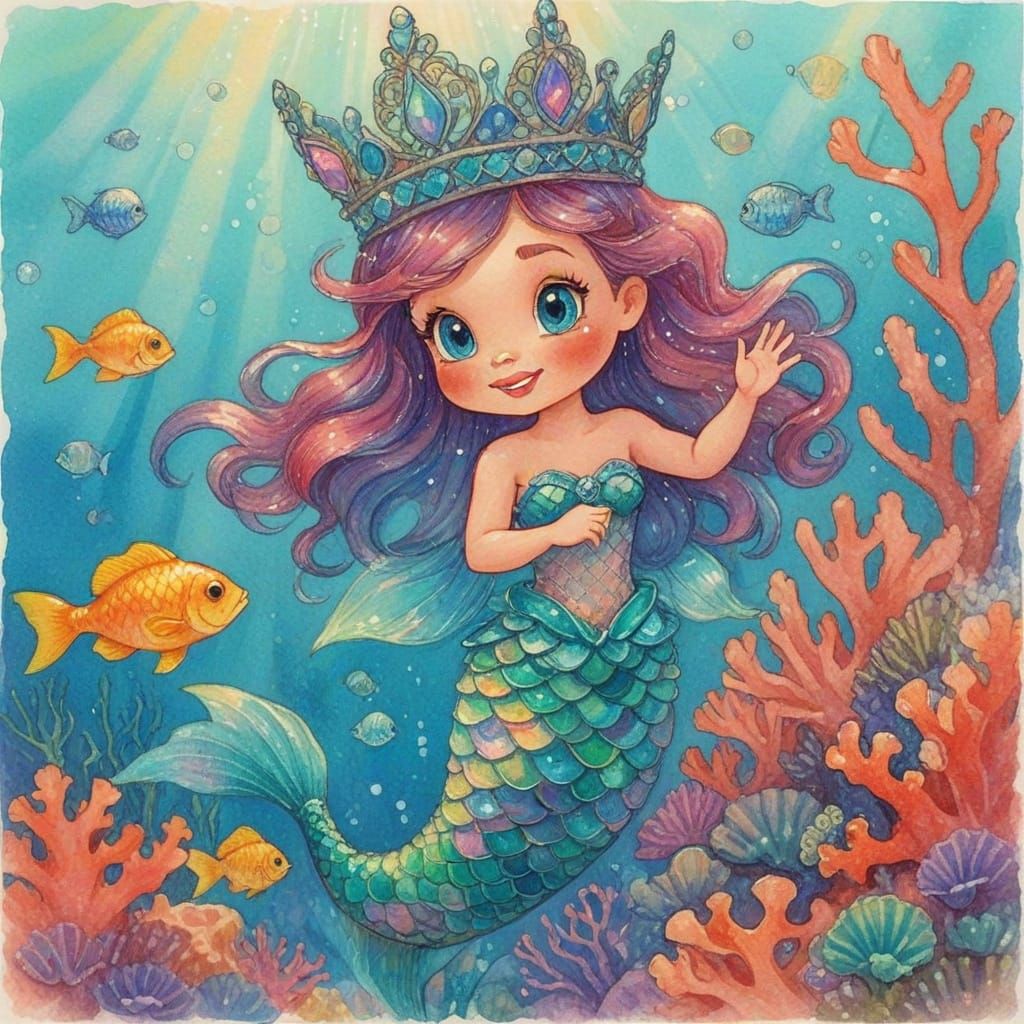 Whimsical Mermaid Princess Dances in Coral Reef, Storybook A...