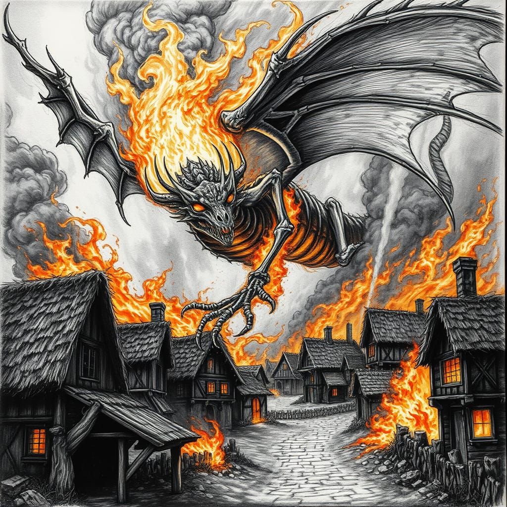 Skeletal Dragon Engulfed Medieval Village in Fiery Inferno