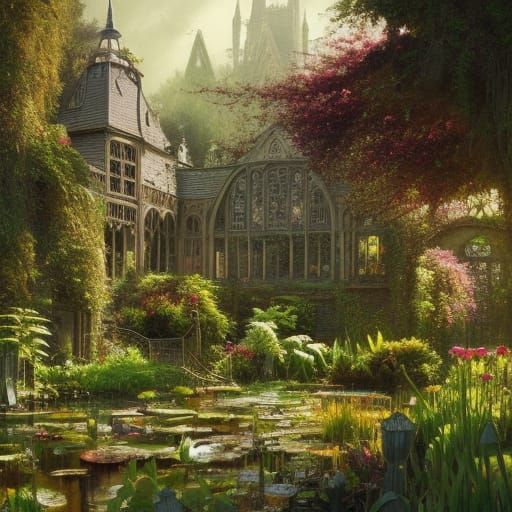 Lush Victorian Water Garden in Dark Fantasy Style