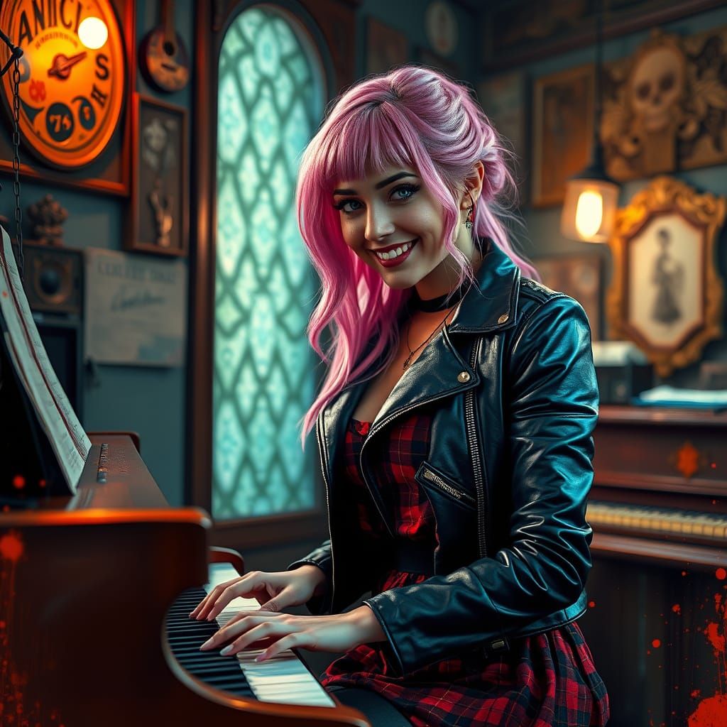 Woman Playing Piano in Alcohol Ink Splatter Style