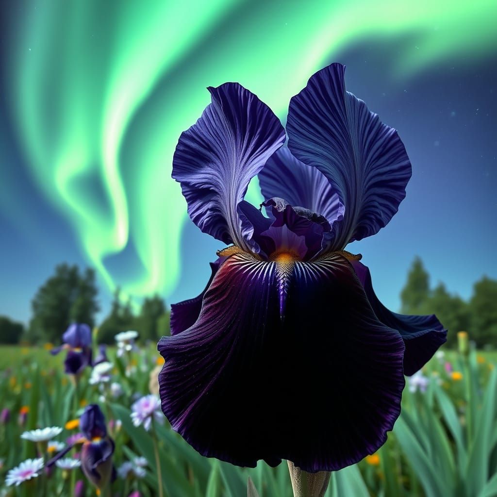 Giant Black Iris Under Aurora Borealis in Magical Garden