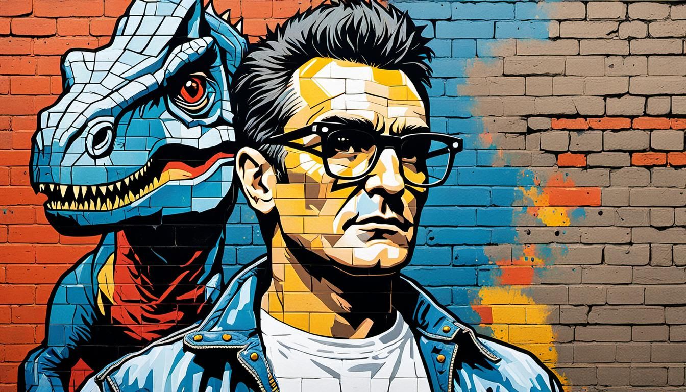 Morrissey Portrait with Dinosaur Mural in Comic Style
