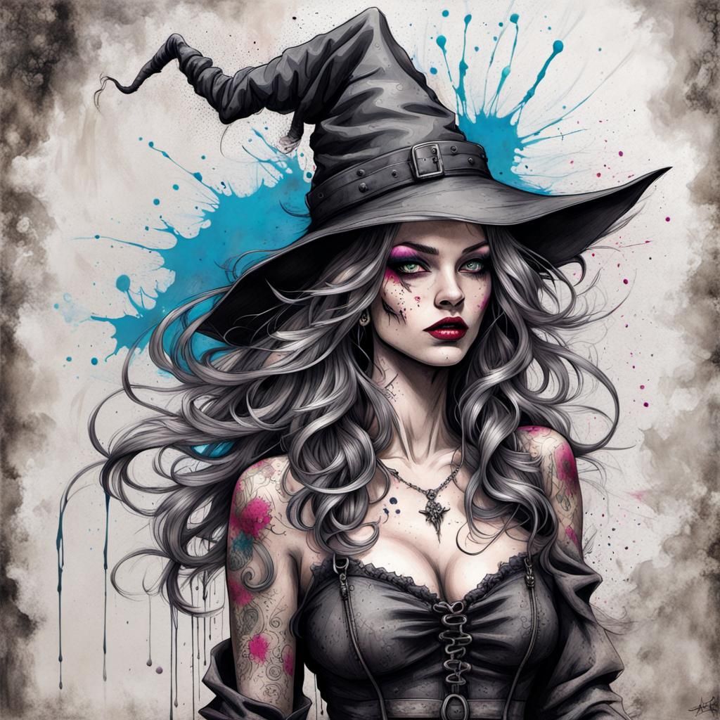 Modern Witch Inkpunk Sketch Portrait with Color Splashes