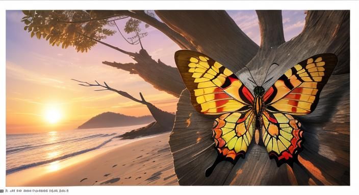 Photorealistic Butterfly on Driftwood at Sunrise