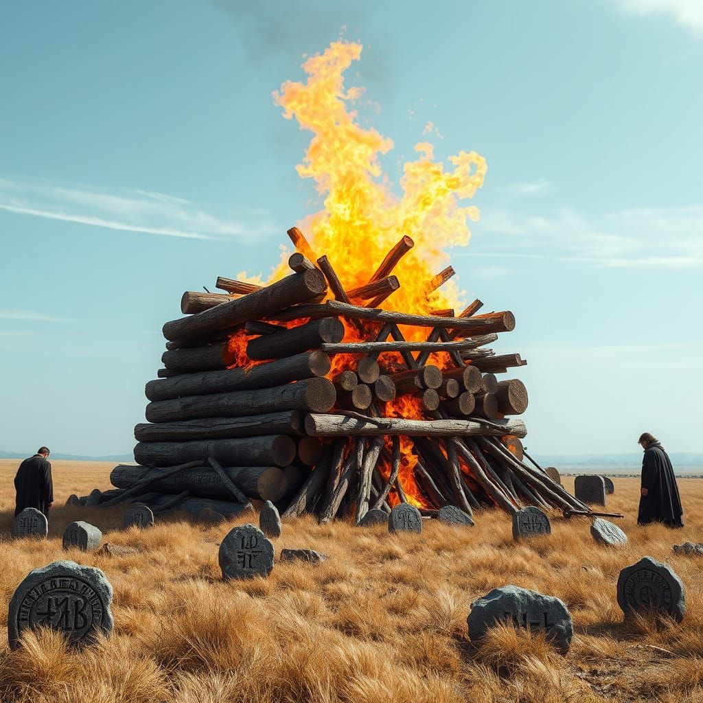 Solemn Funeral Pyre Burns in Open Field