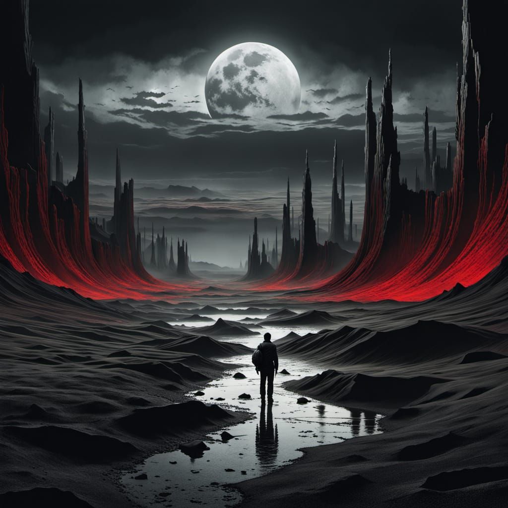 Surreal Shepherd Herding Shattered Moons in Dark Desert