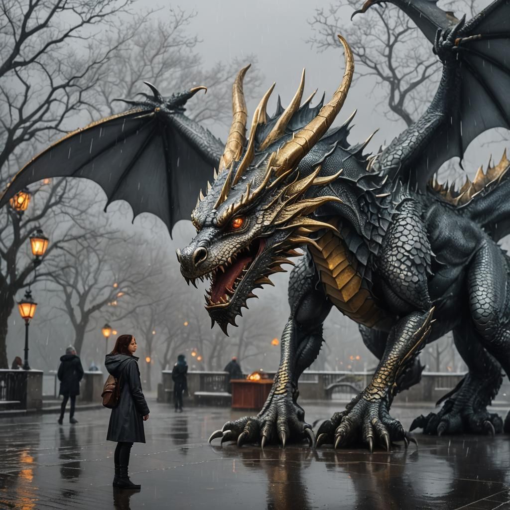 a woman standing next to a dragon in the rain