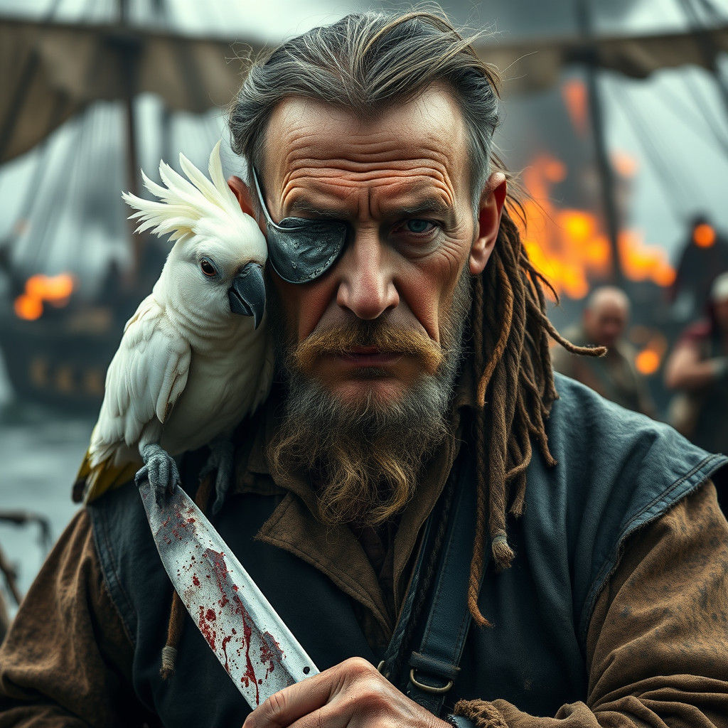 Pirate King Portrait with Burning Ship Background