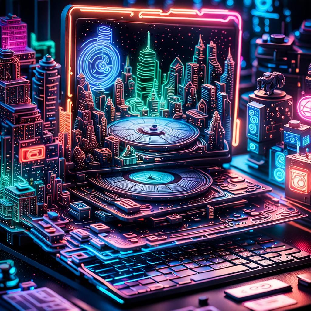 Neon Metropolis on Keyboard in Vaporwave Style