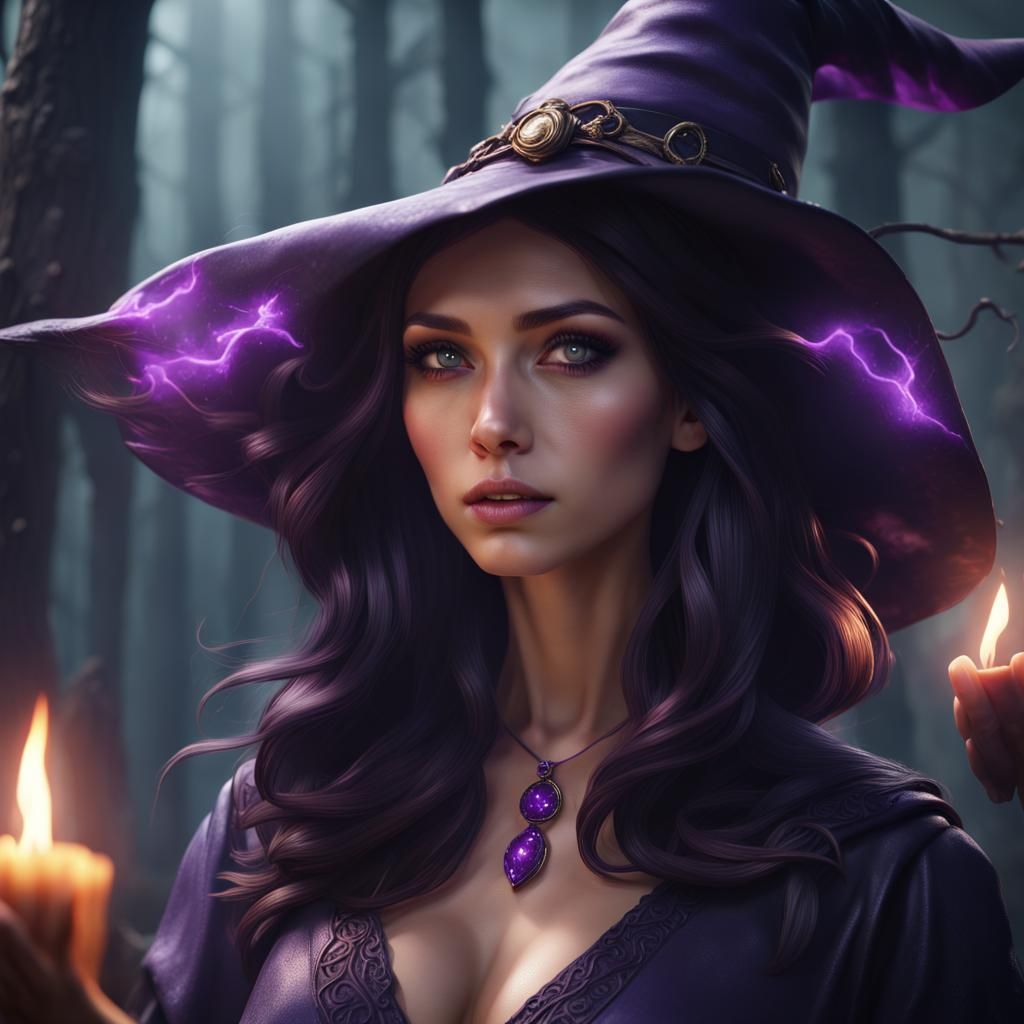 Detailed Witch Casting Purple Magic, Fantasy Art