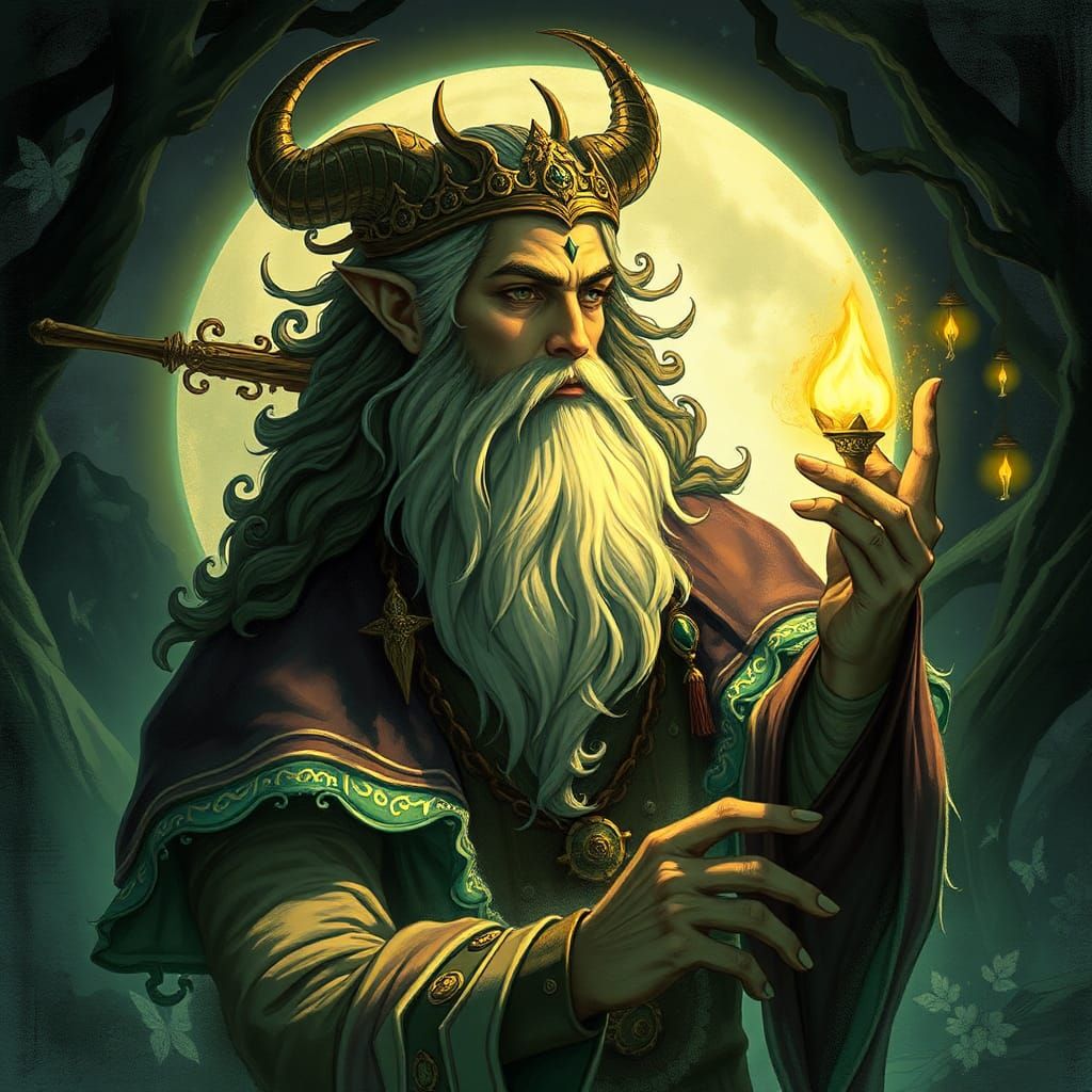 Visualize a scene with Oberon, the high king of the Fae. As a character with immense authority, he cruises over the moon...