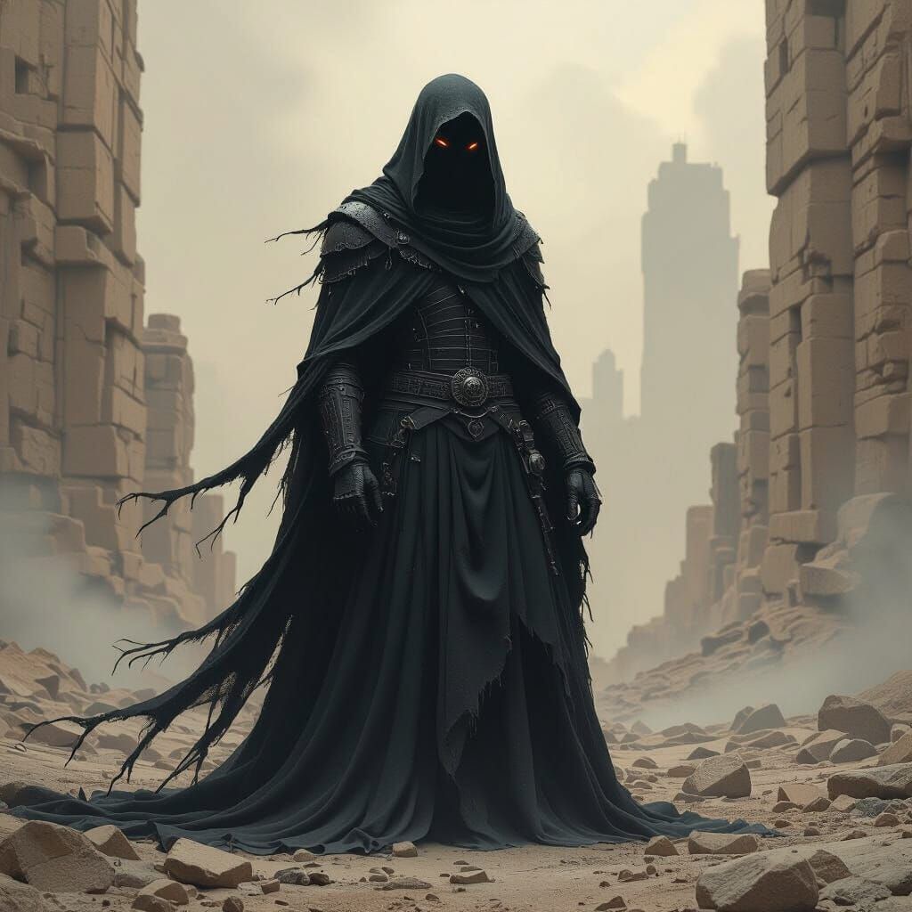 Dark Figure of Malevolent Energy in Dystopian Landscape