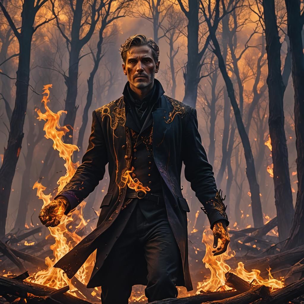 Dark Fantasy Man Amidst Flames and Burning Trees