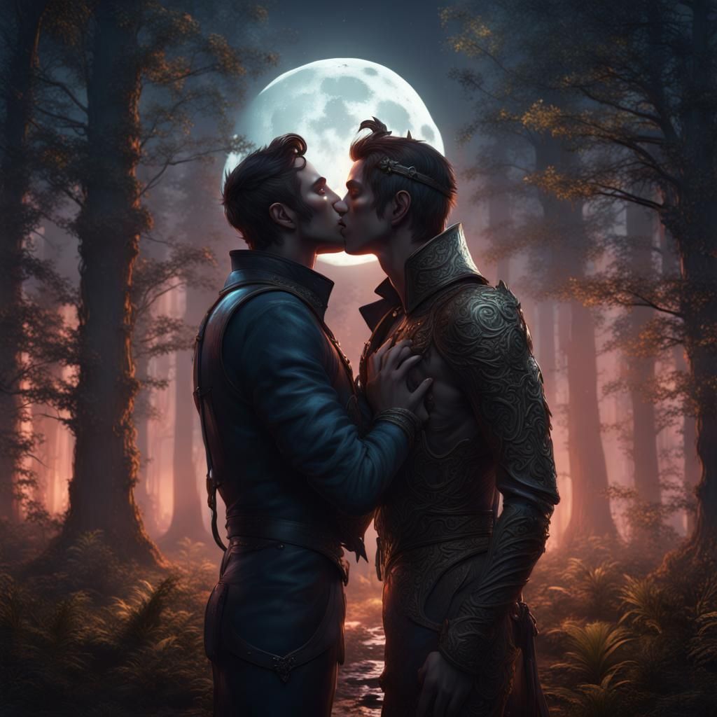 Gay Men Kissing Under Moonlight