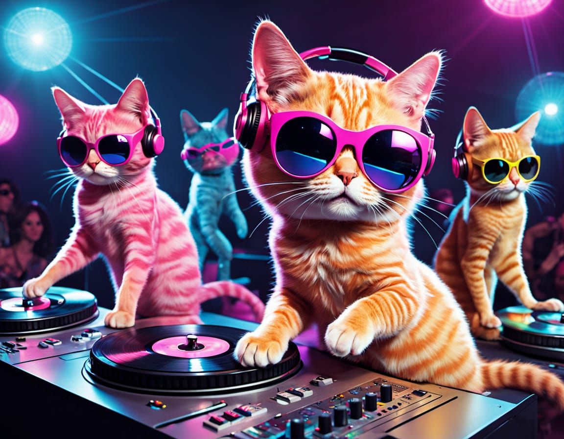 Disco Cats Dancing Under Mirrored Ball in Funky 1970s Style