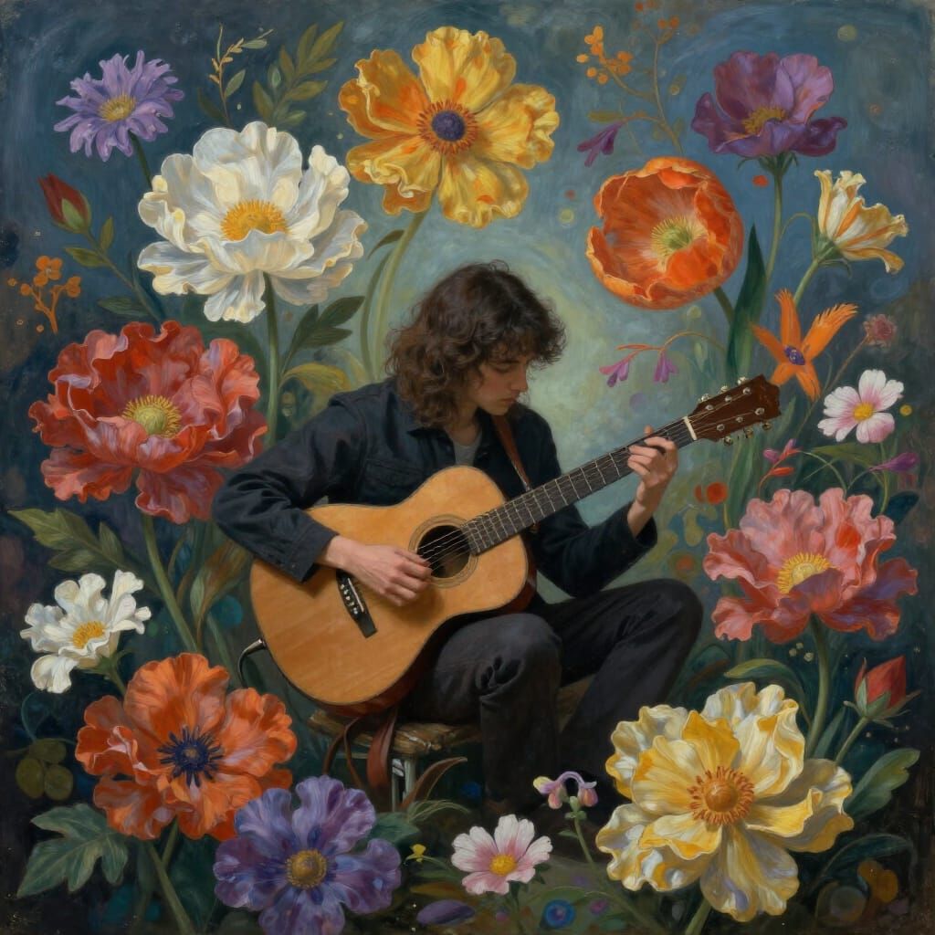 Solitary Musician Amidst Blooming Hyperrealistic Flowers