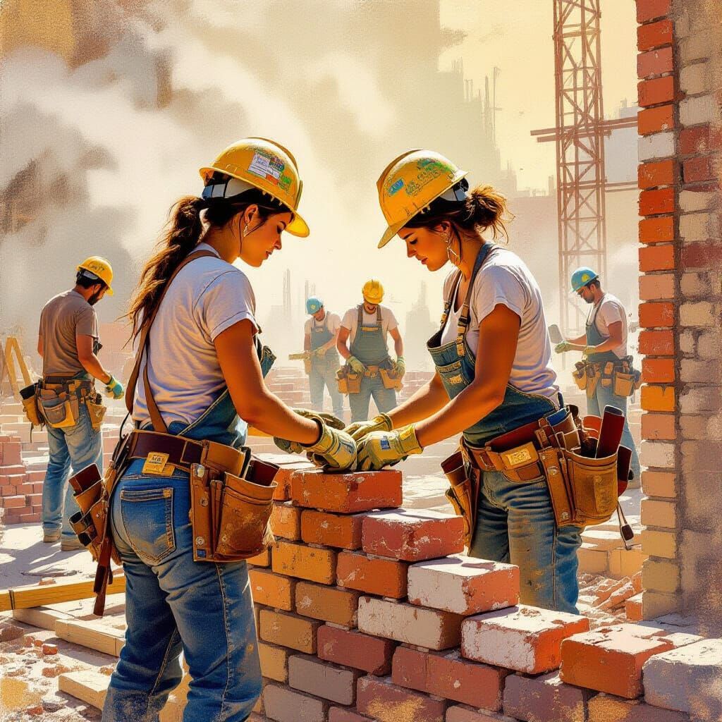 Women Masons Building with Brick in Golden Light