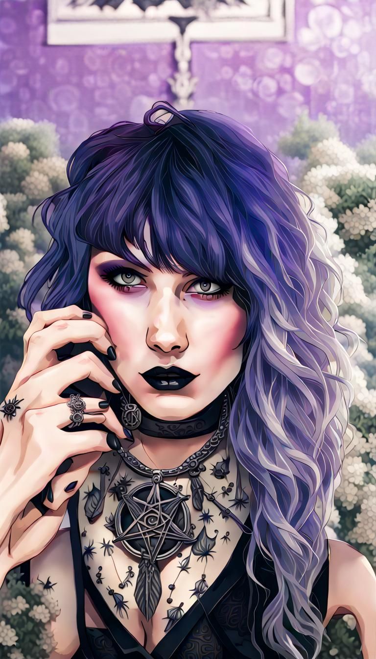 Gothic Model with Purple Hair and Cybernetics