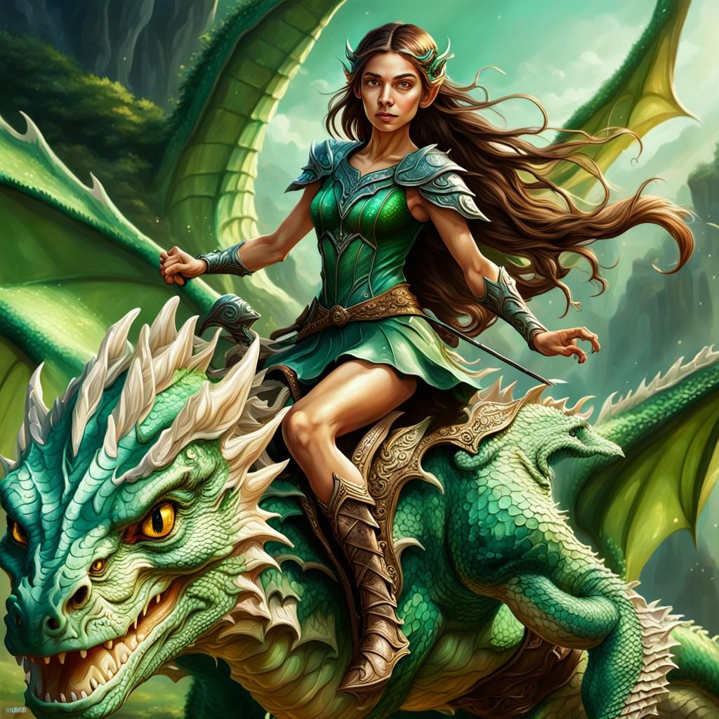 Fairy Elf Rides a Green Dragon