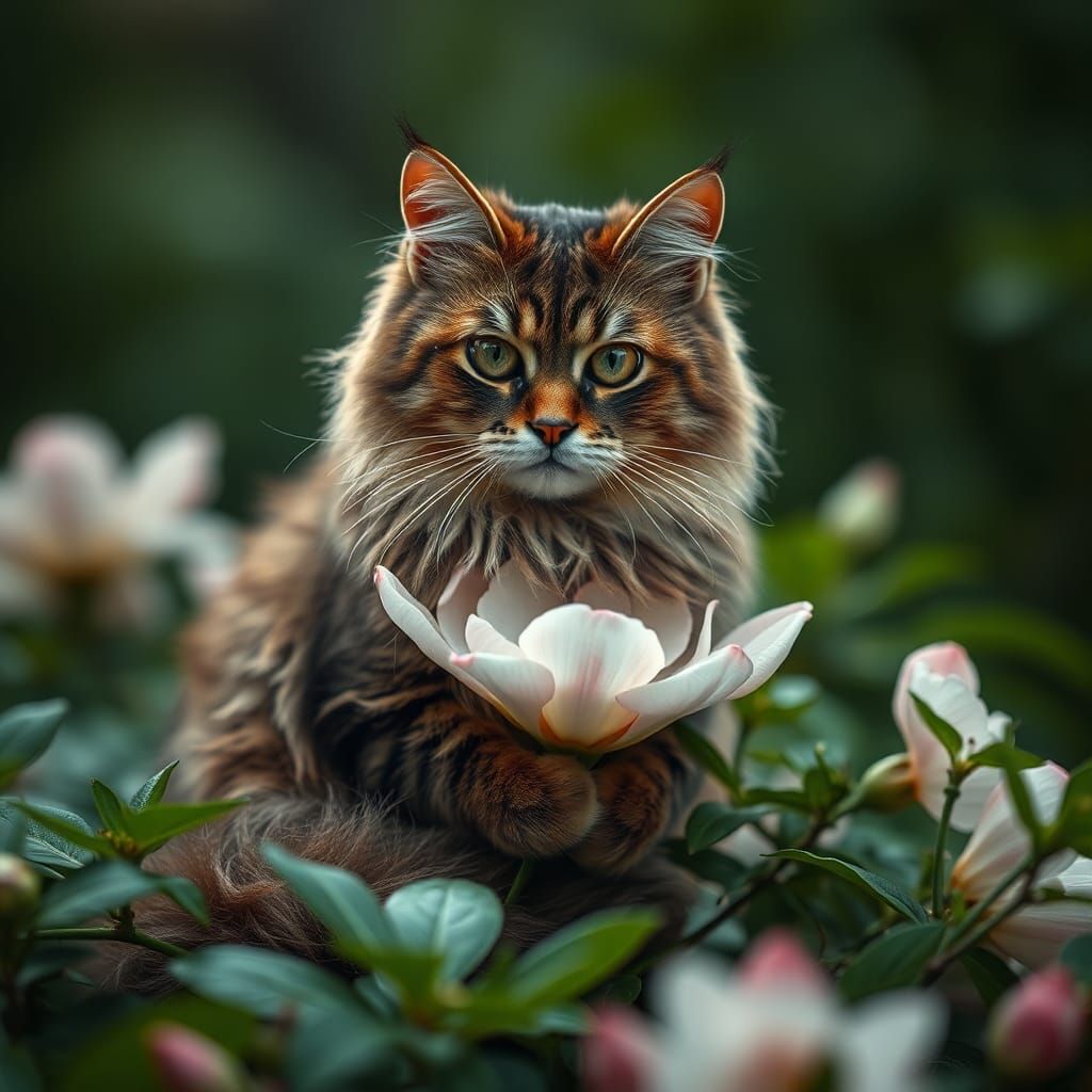 Hyperrealistic Cat on Flower in Dramatic Lighting