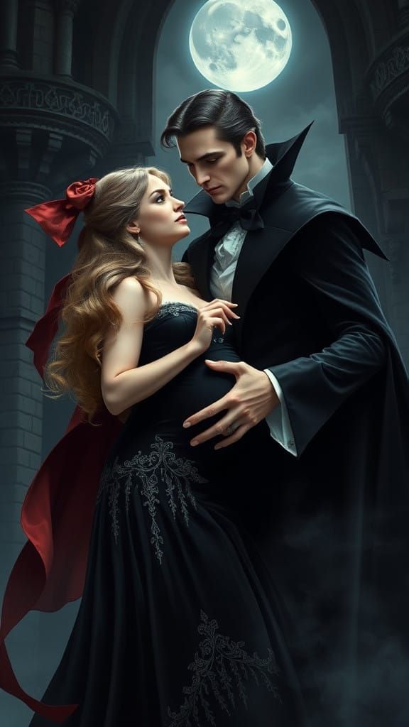Vampire Couple Dance Under Moonlight in Whimsical Fantasy Ca...