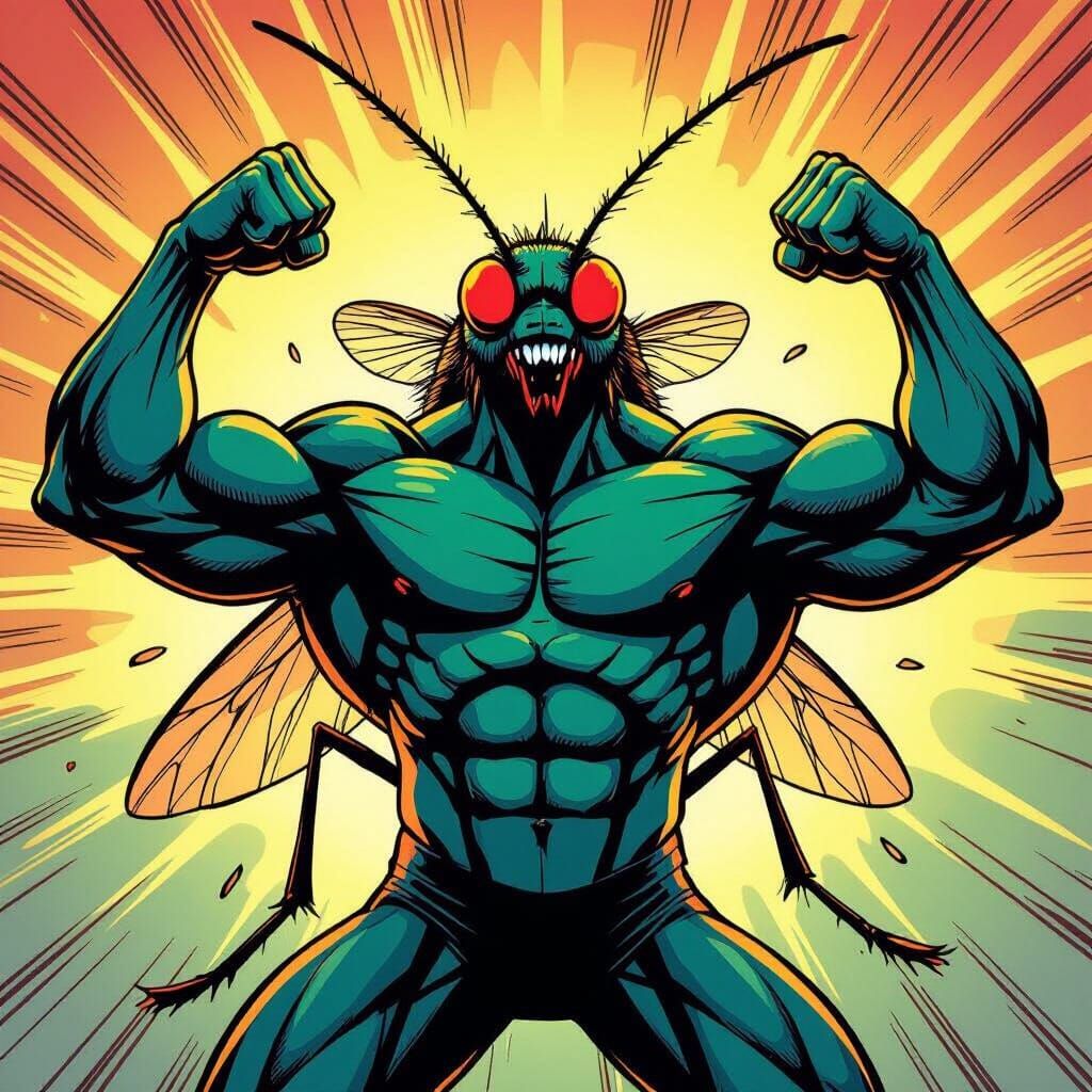 Muscular Mosquito Flexing Biceps in Comic Art Style