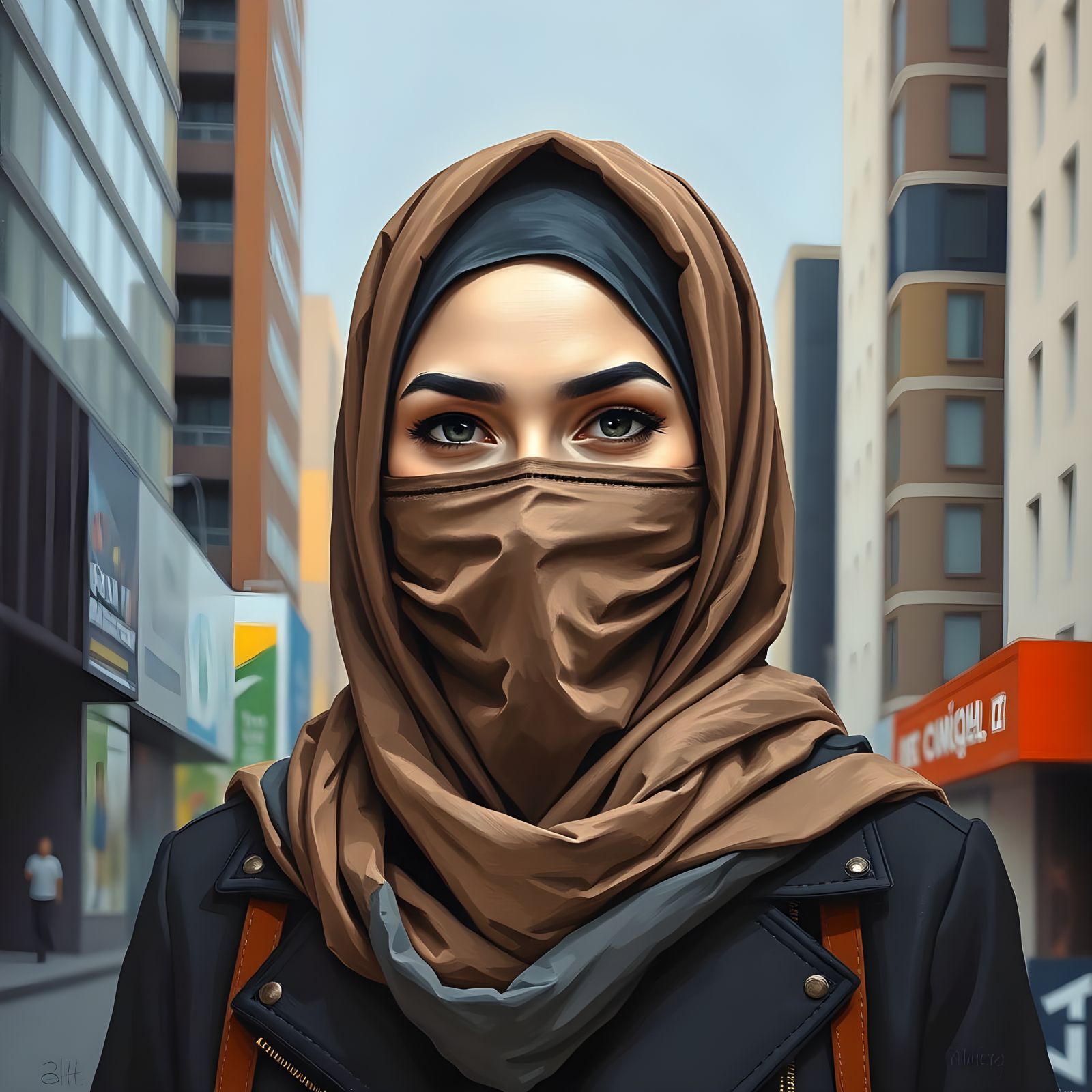 Hijabi Woman in City, Oil Painting Style