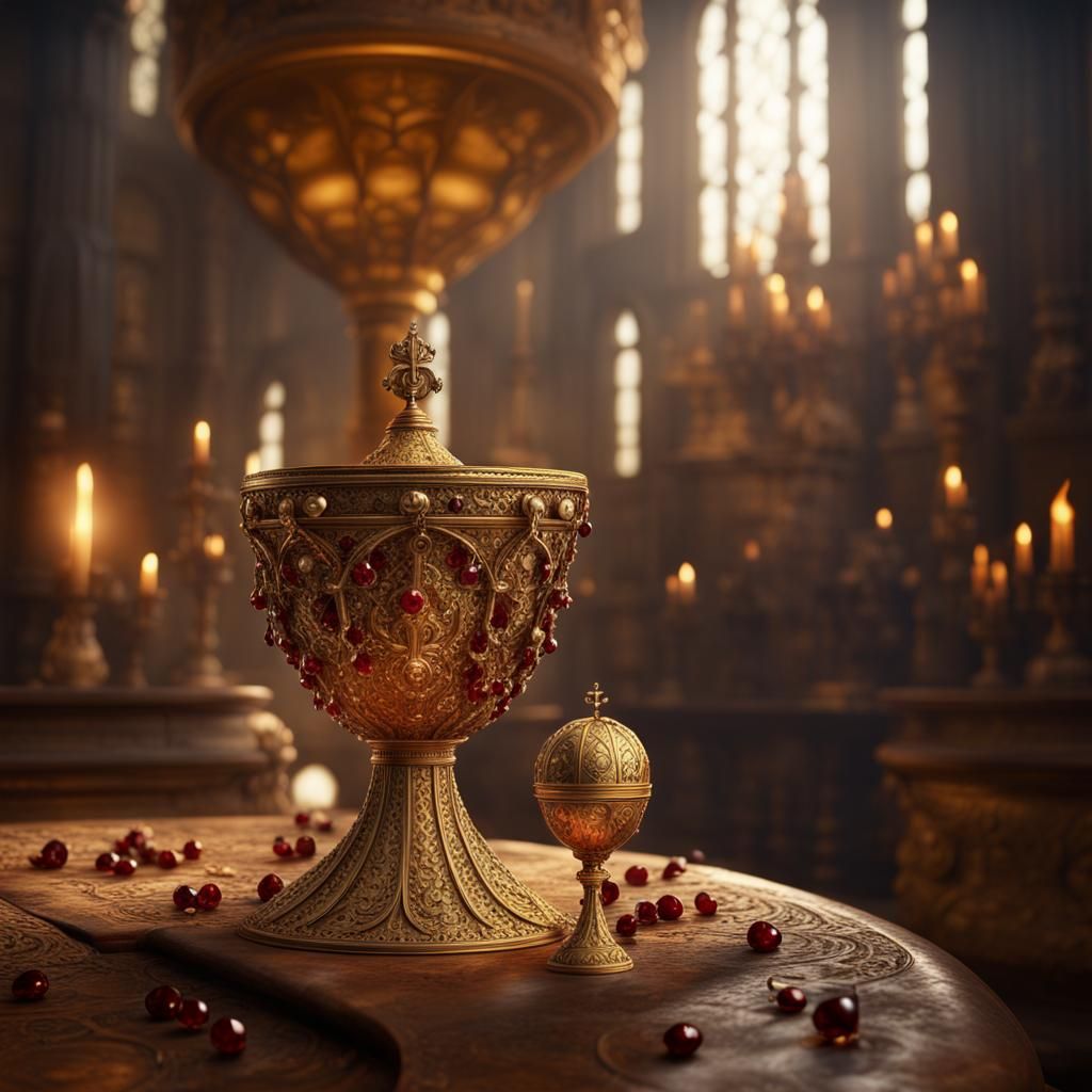 Garnet-Studded Gold Chalice in Castle Interior