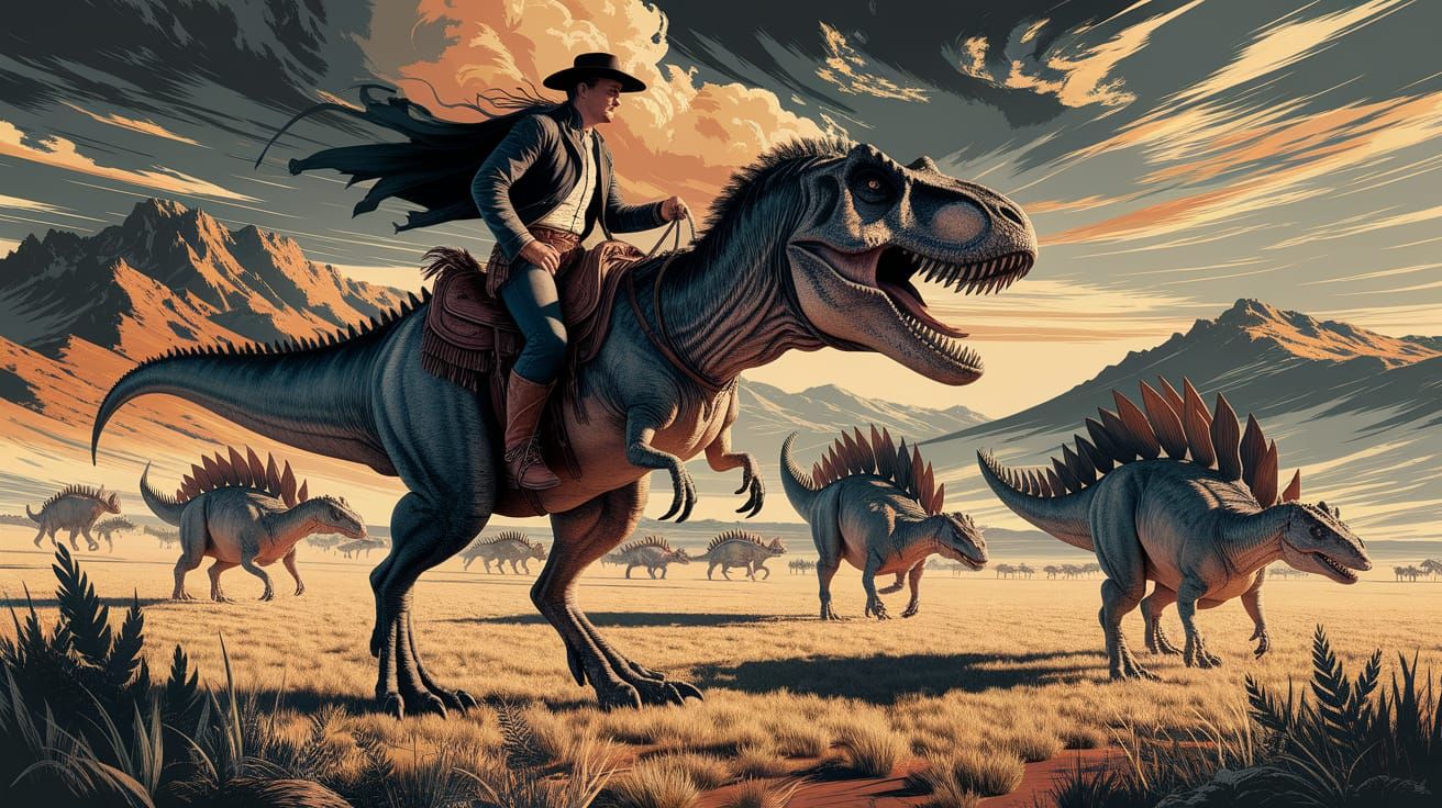 Cowboy on T-Rex Chasing Stegosaurus: Dark Fantasy Art