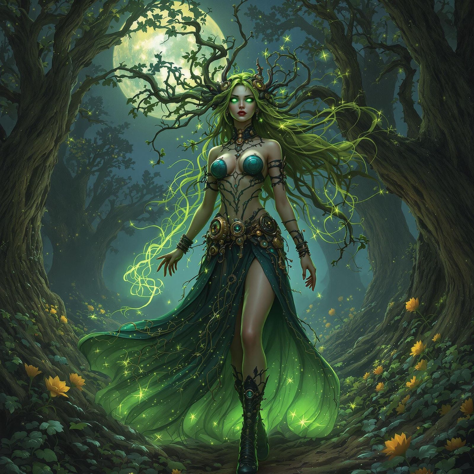 Steampunk Druid in Moonlit Forest, Art Nouveau Style