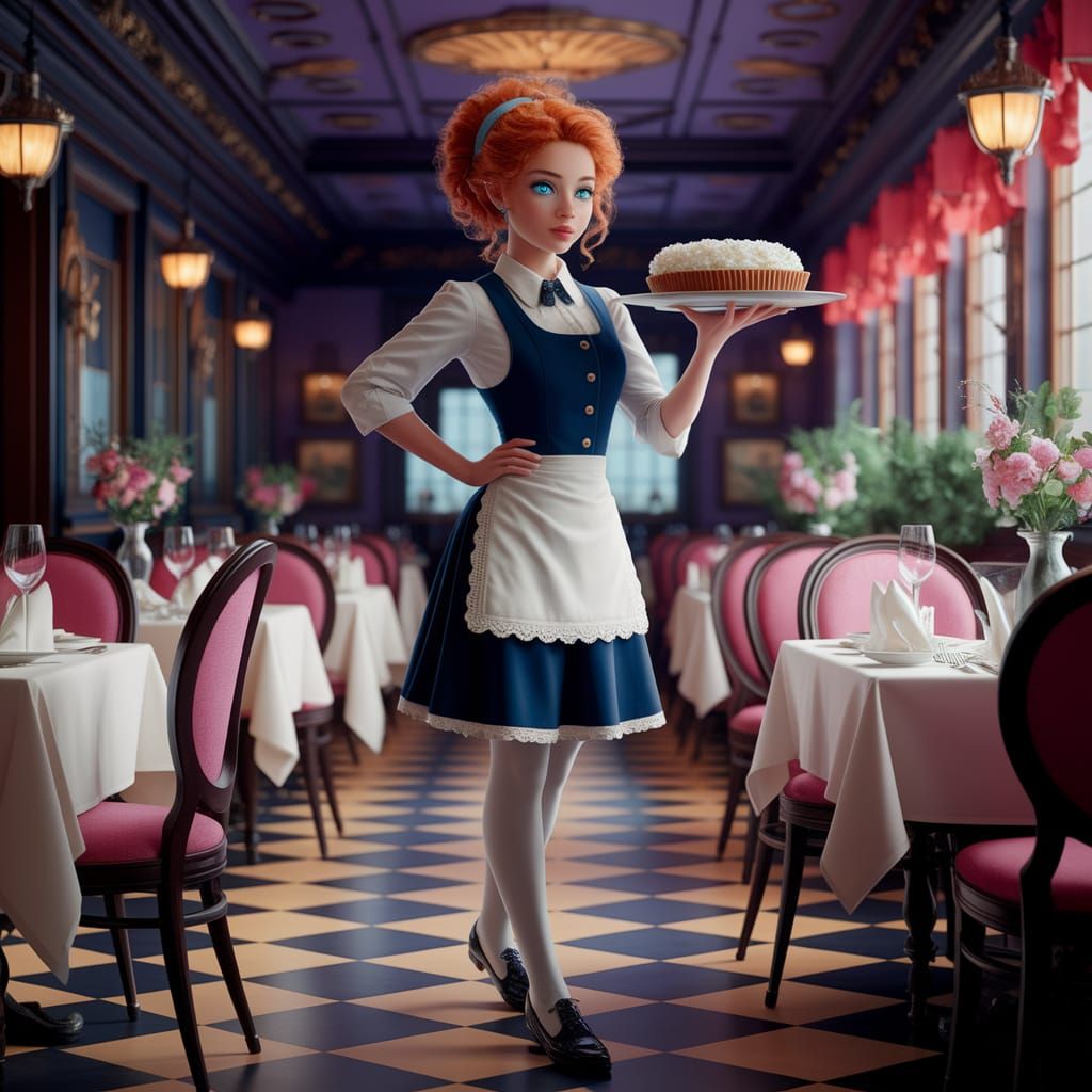 Waitress Balancing Pie in Fantasy Restaurant