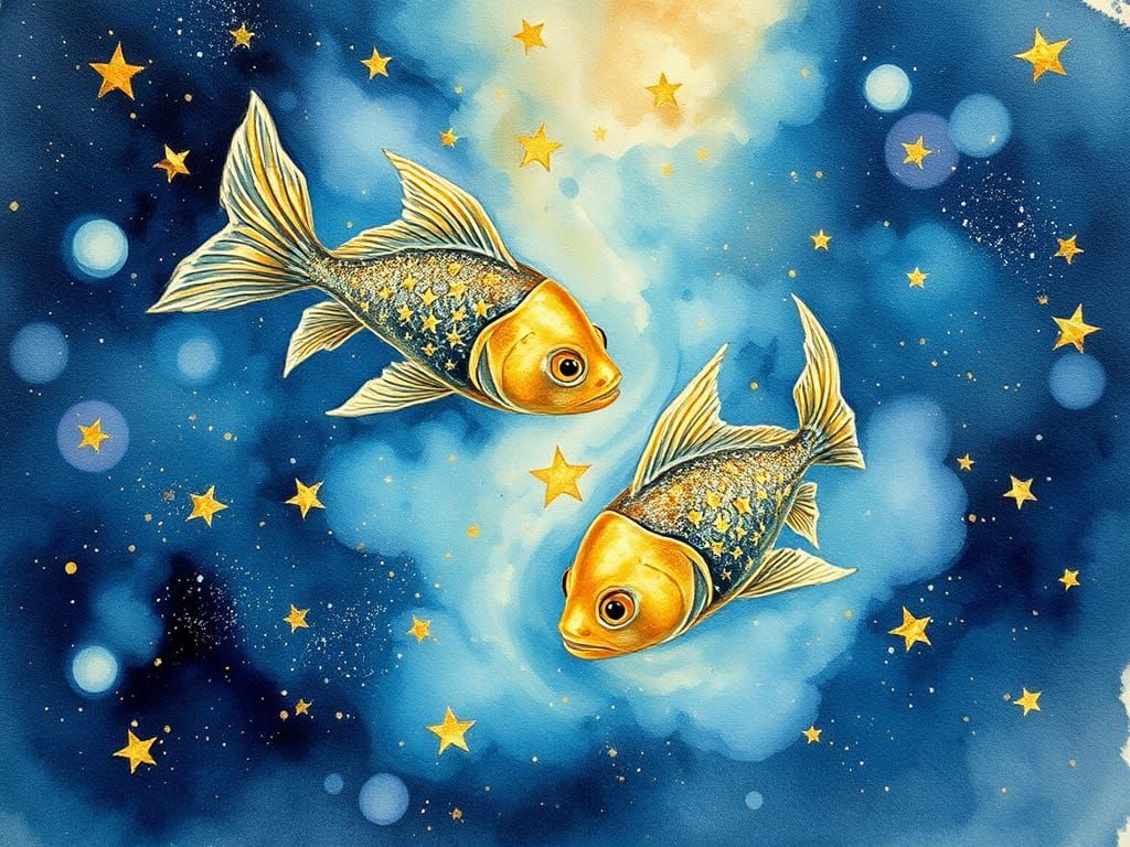 Starry Zodiac Fish Dance in Golden Skies