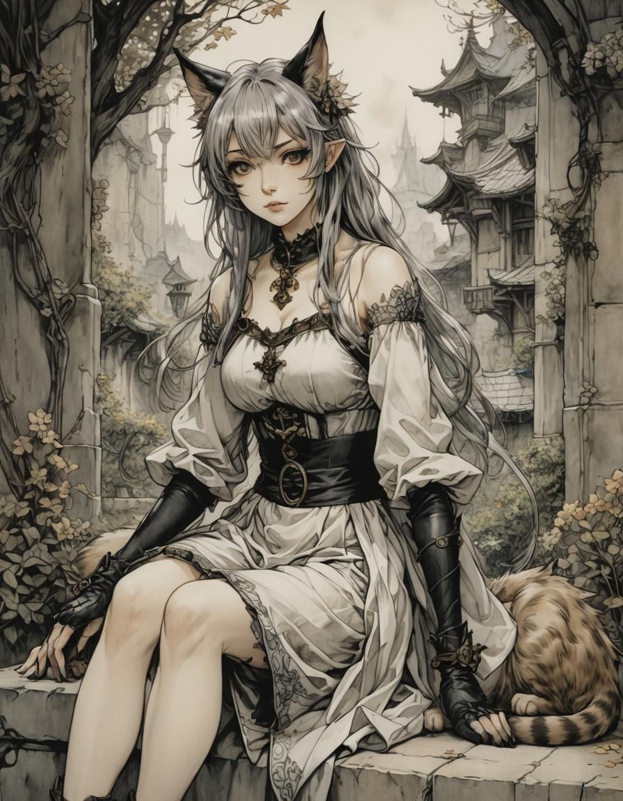 Isekai Catgirl in Arthur Rackham Style