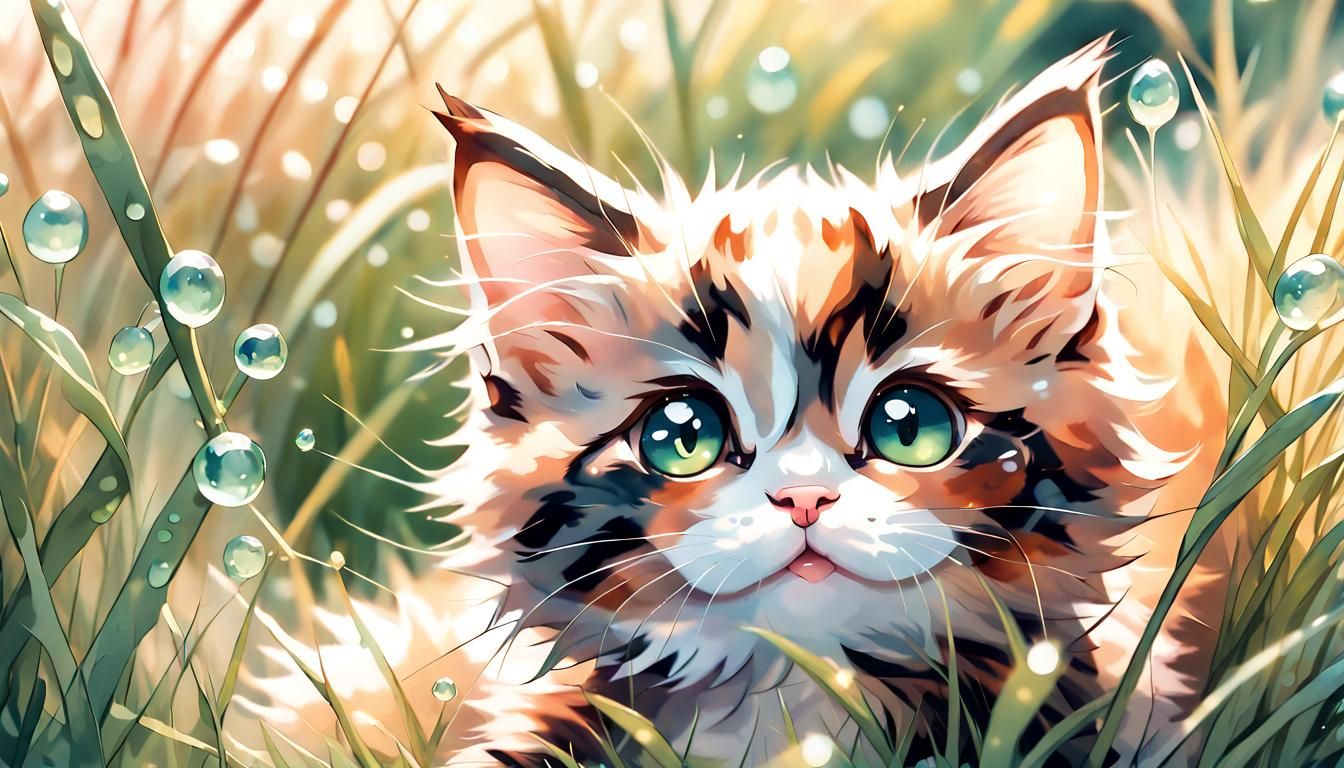 Anime Kitten Playing in Dewy Grass