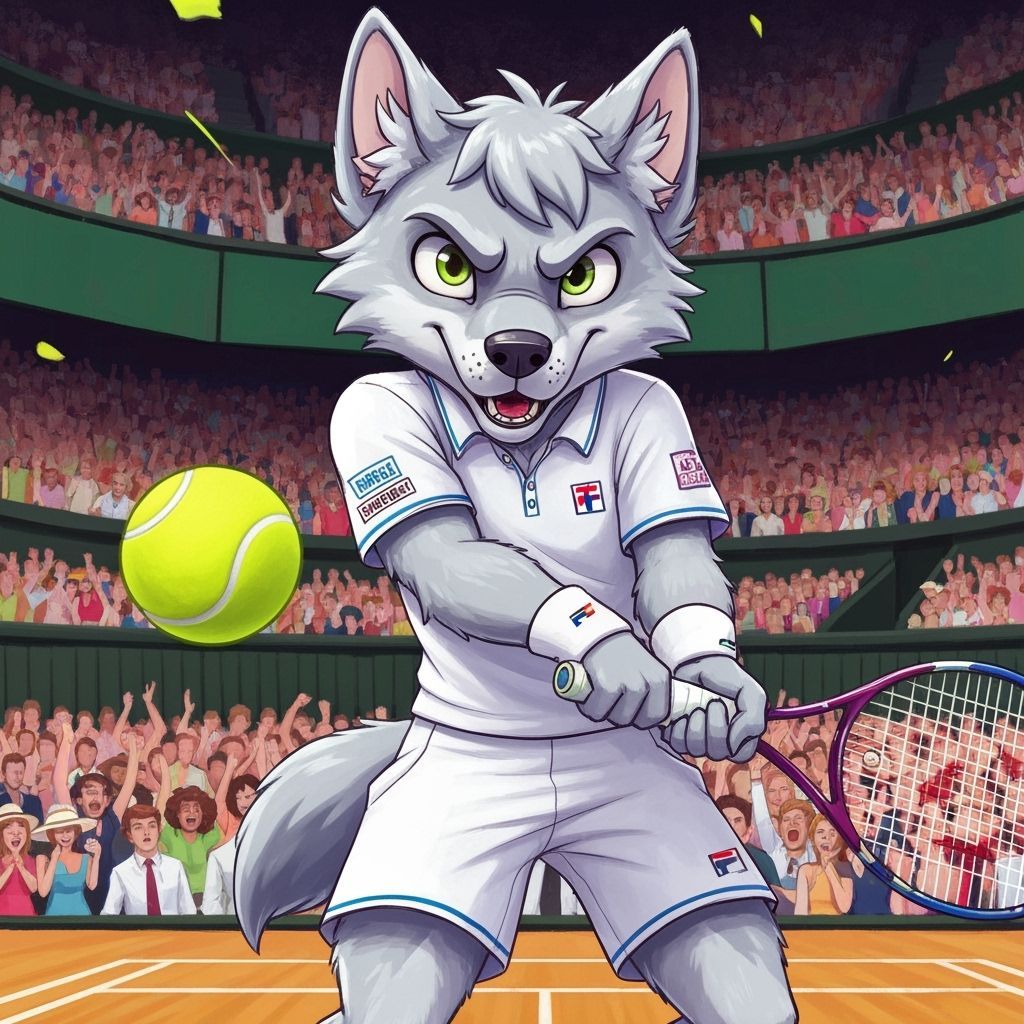 Wolf Cub Plays Tennis in Vibrant Illustration