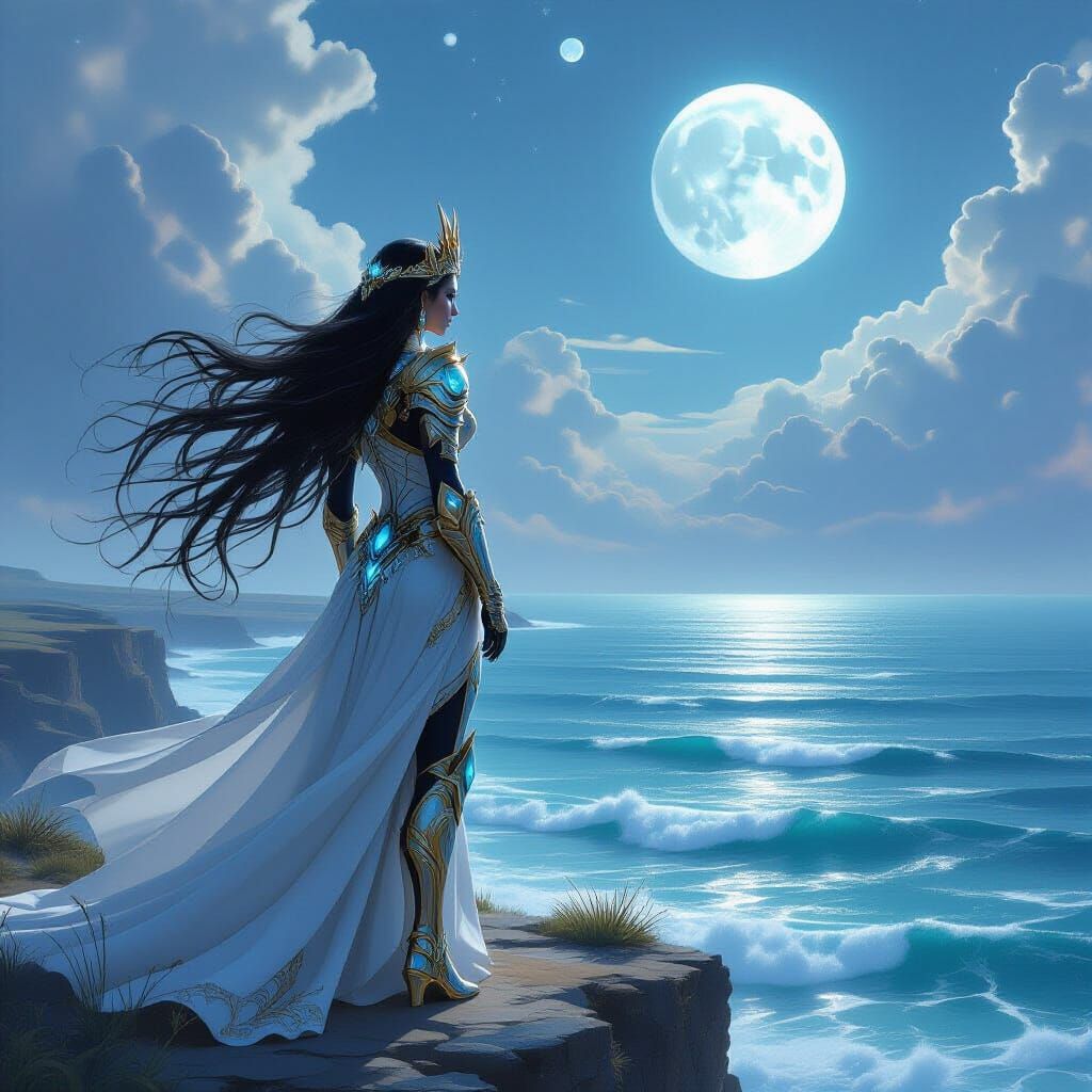 Majestic Queen on Alien World Overlooking Ocean