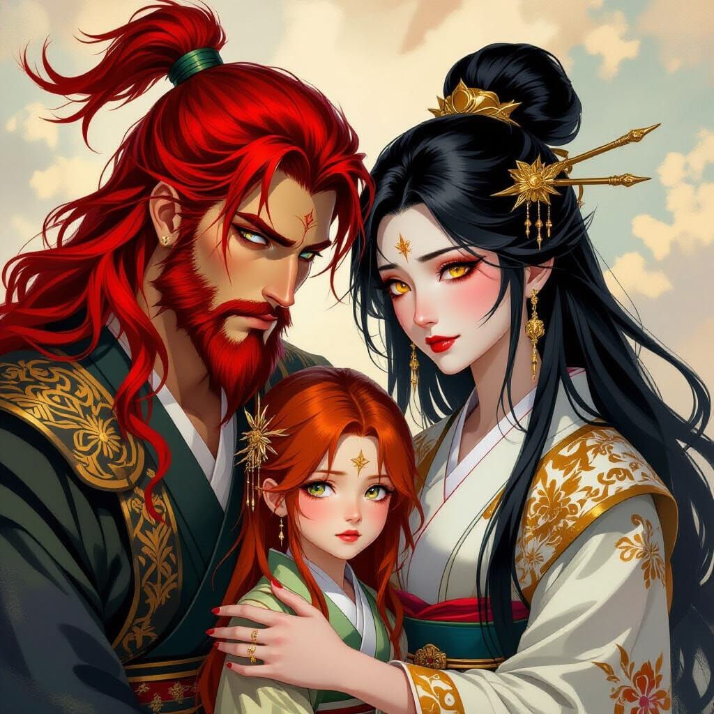 Greek God Kairos Bids Farewell to Amaterasu and Daughter