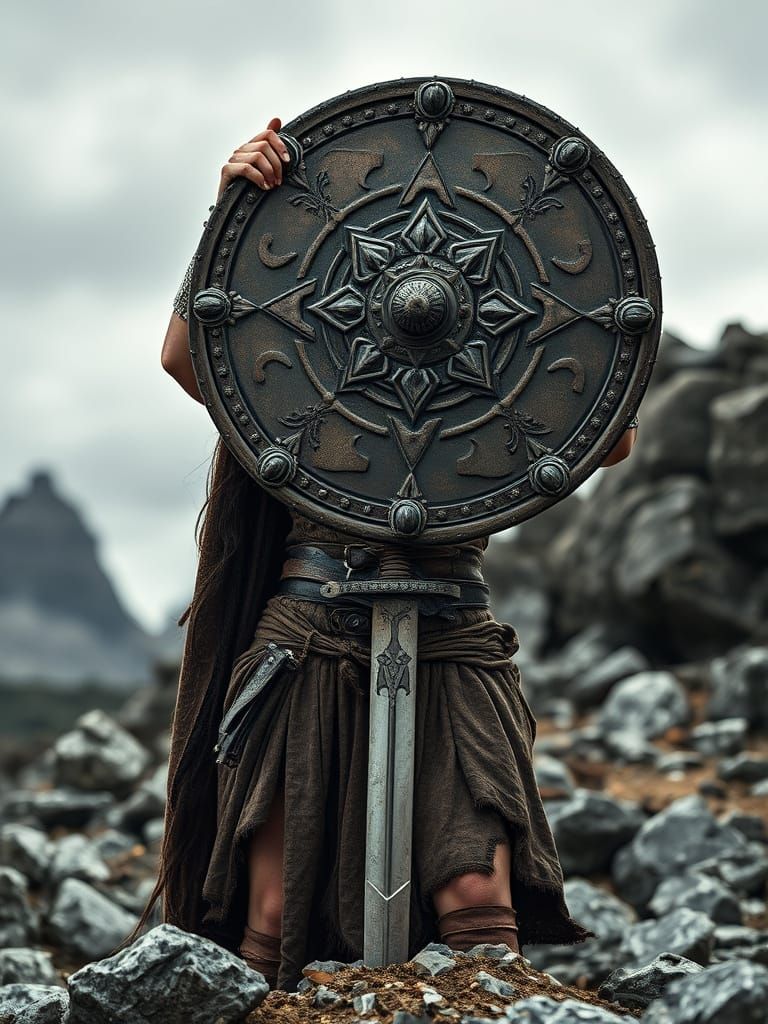 Viking Warrior Woman Defies Harsh Landscape with Decorated S...