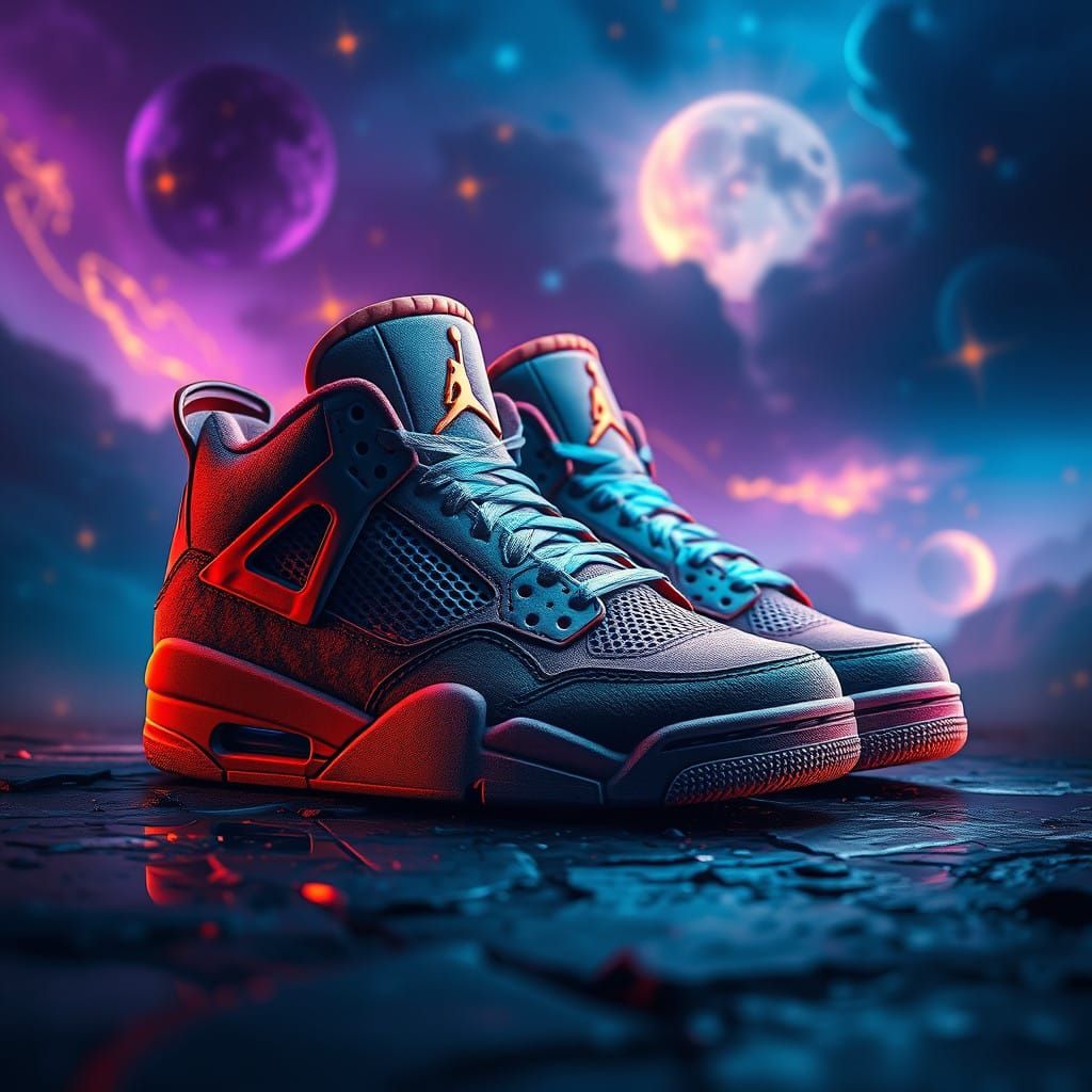 Vibrant Jordan 4 Sneakers in Mystical Dreamlike Scene