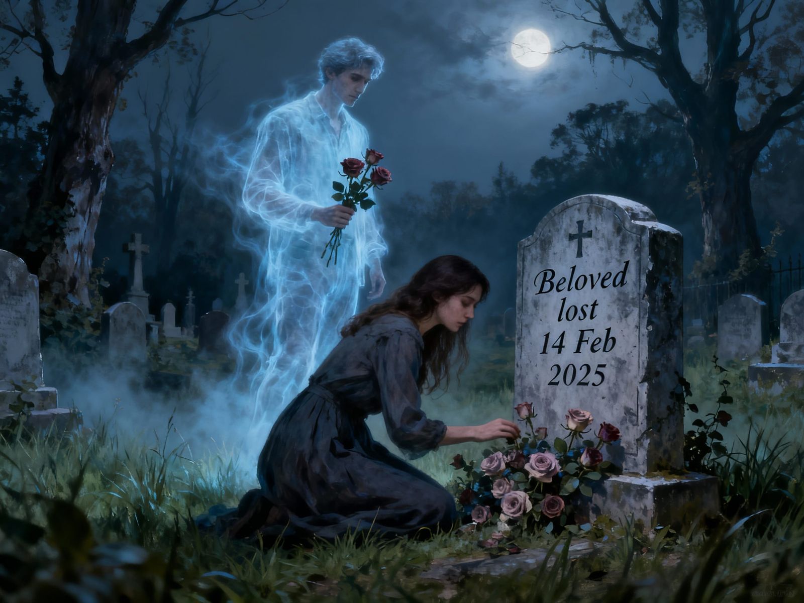 Ethereal Ghostly Lover in Moonlit Cemetery