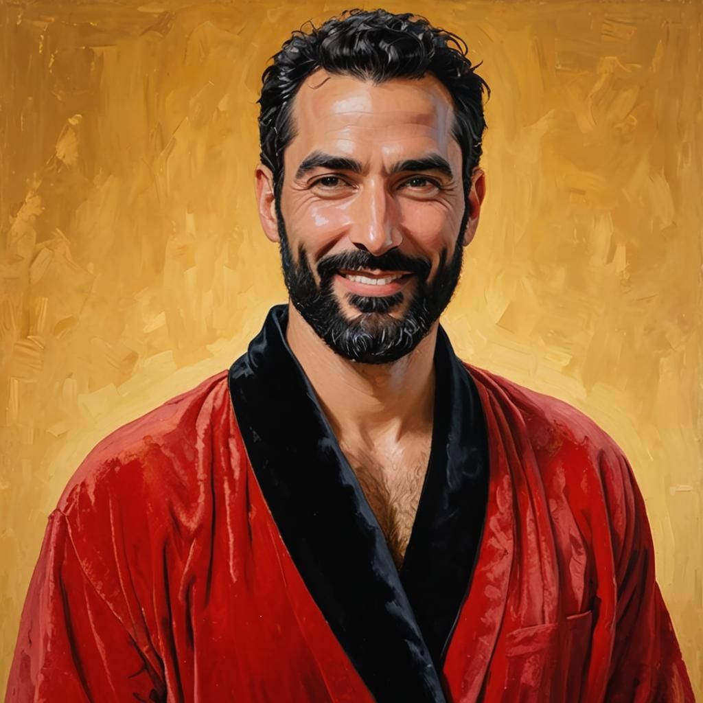 Joyful Man in Red Bathrobe: Impressionist Oil Painting
