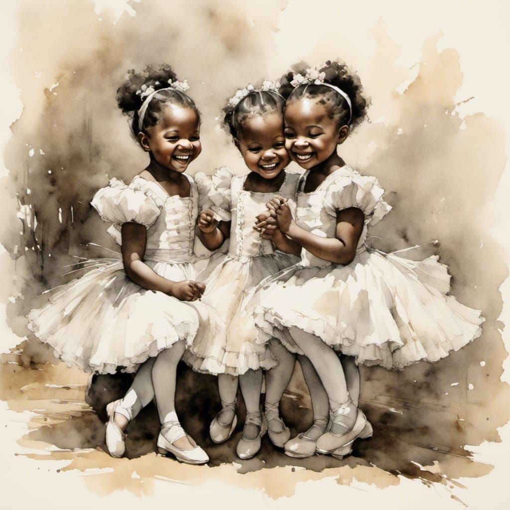 Adorable Ballerina Sisters Laughing, Detailed Sketch