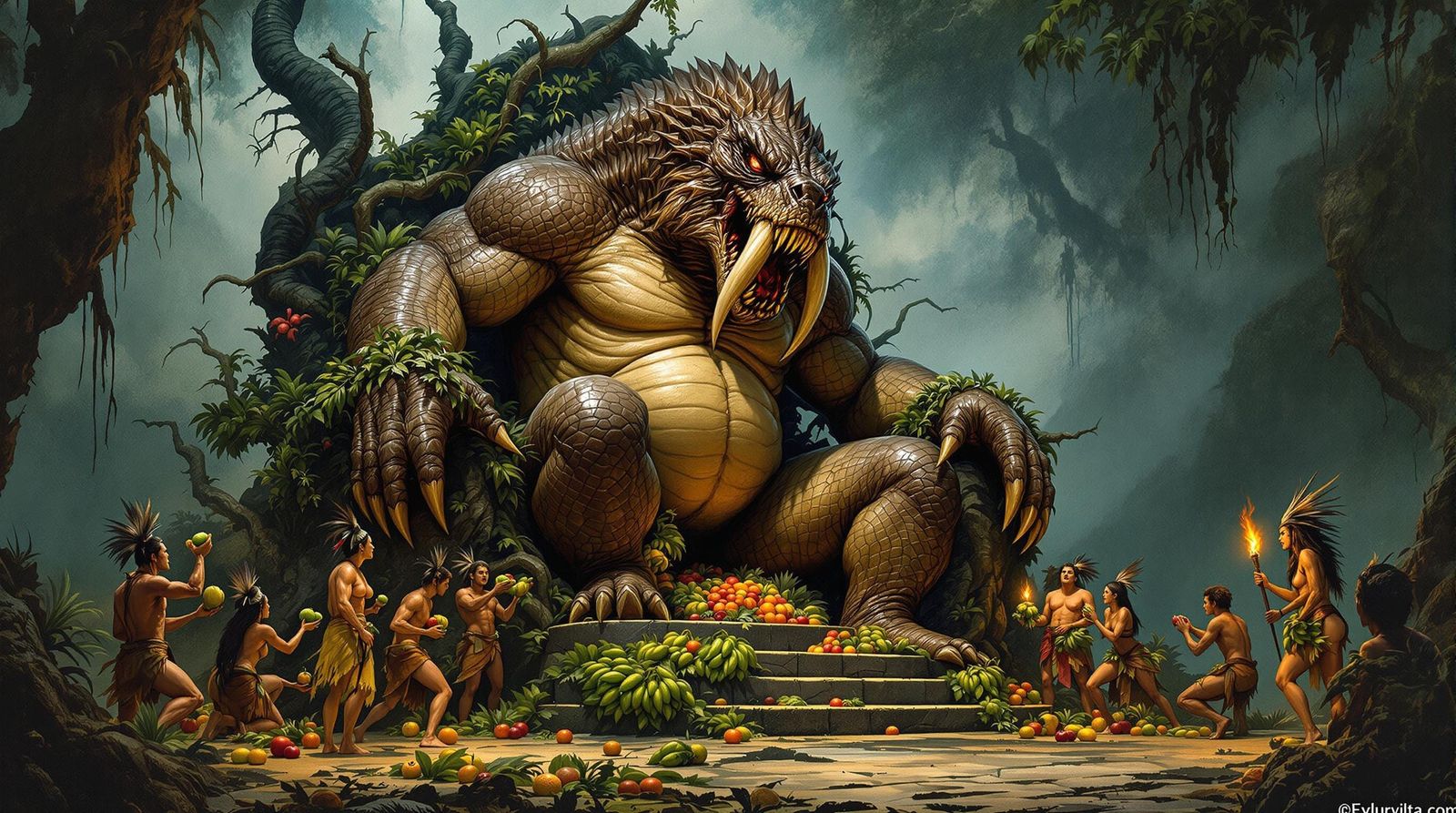 Dark Fantasy Beast Receives Worship in Jungle Realm