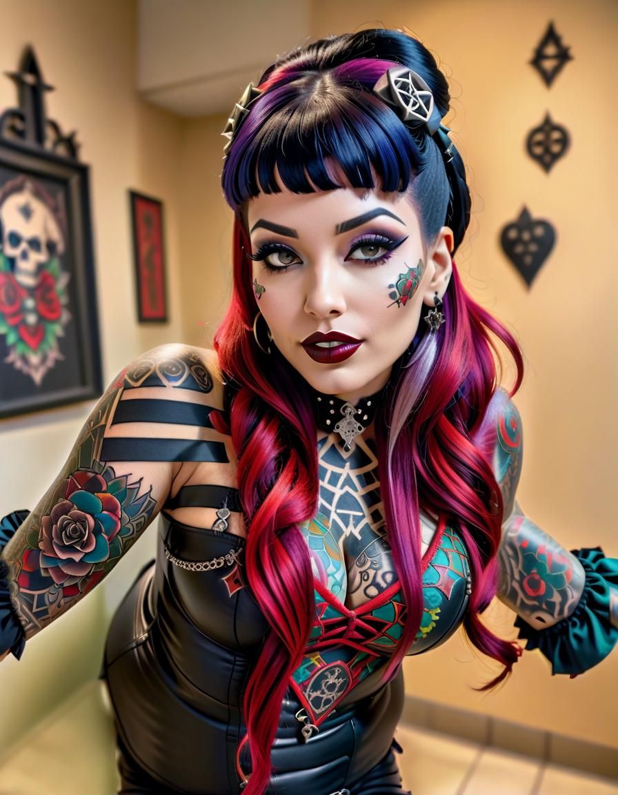 Gothic Tattooed Latina Pinup in Vibrant Colors